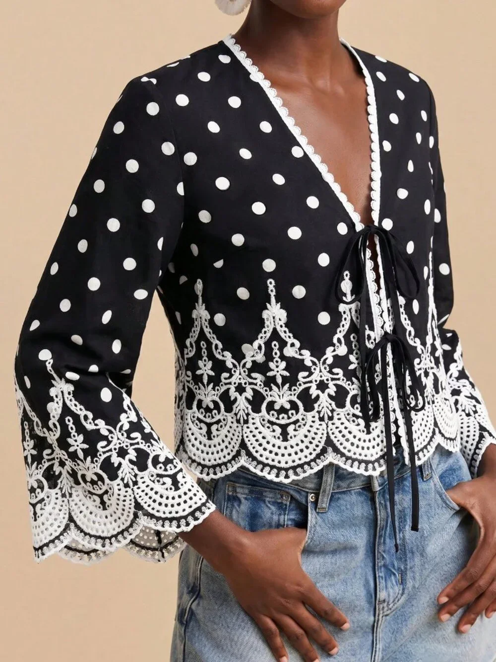 Black Boho Women's Polka Dot Print Embroidered Detail Long Sleeve Shirt